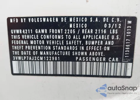 2012 Volkswagen Jetta Sel из США, поврежденный, VIN 3VWLP7AJ2CM122981